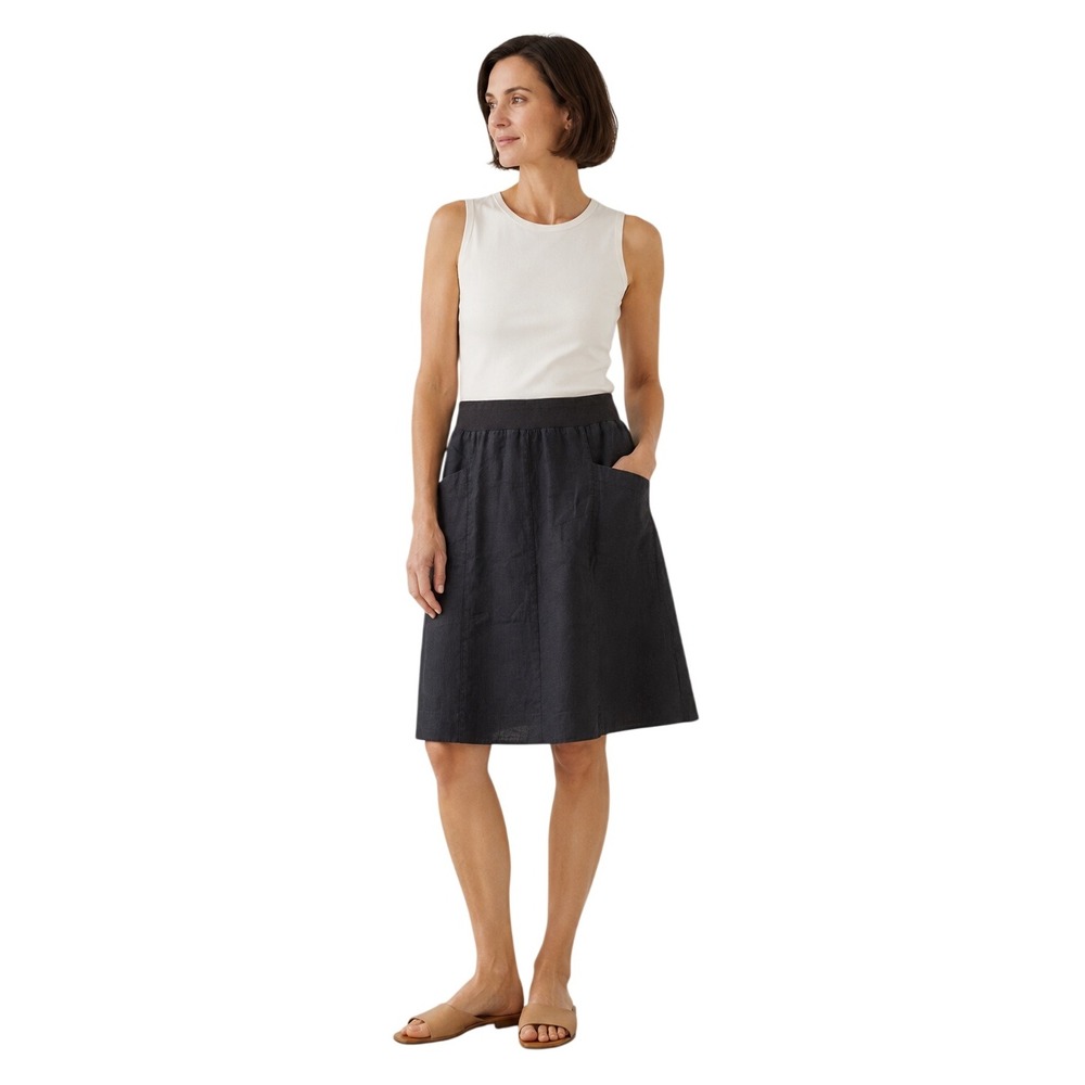 Eileen Fisher Black Linen A-Line Skirt Sz M Pull On Patch Pocket Minimalist